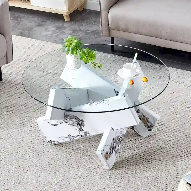 33.4 Modern Round Coffee Table with Clear Tempered Glass Top and MDF Legs for Living Room