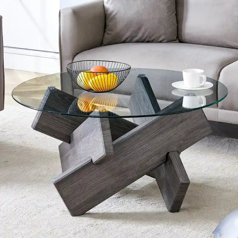 33.4 Modern Round Coffee Table with Clear Tempered Glass Top and MDF Legs for Living Room