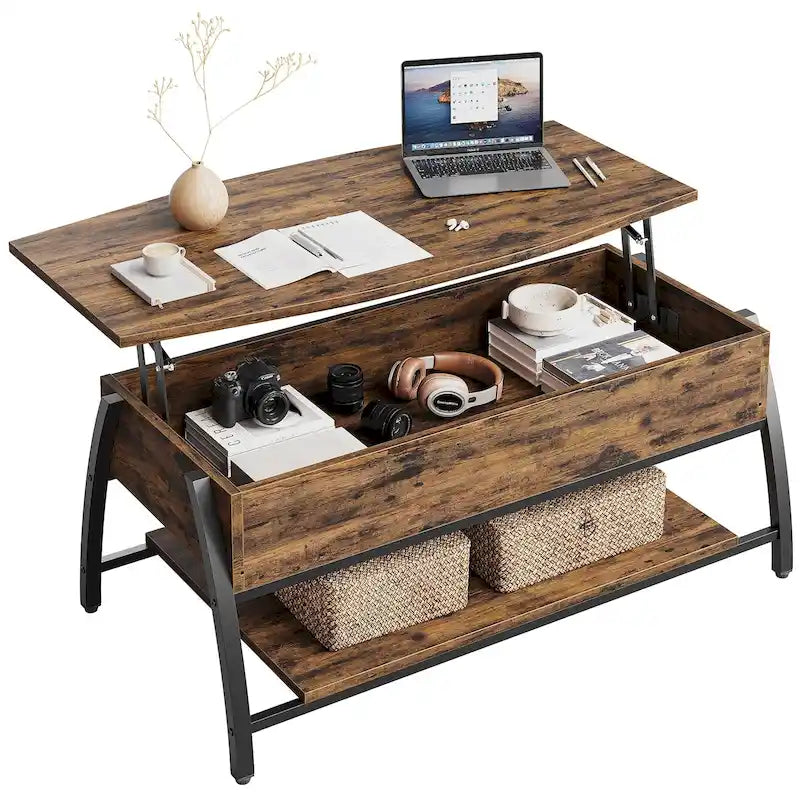 Lift Top Coffee Table Oval Wood Table with Hidden Storage Shelves - 41.5 inch