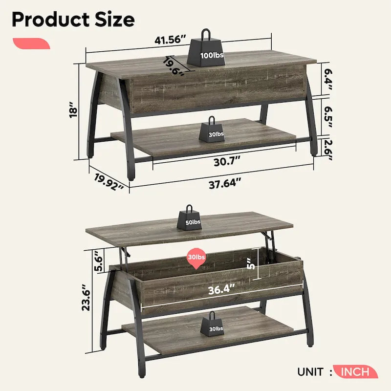 Lift Top Coffee Table Oval Wood Table with Hidden Storage Shelves - 41.5 inch