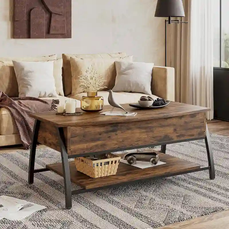 Lift Top Coffee Table Oval Wood Table with Hidden Storage Shelves - 41.5 inch