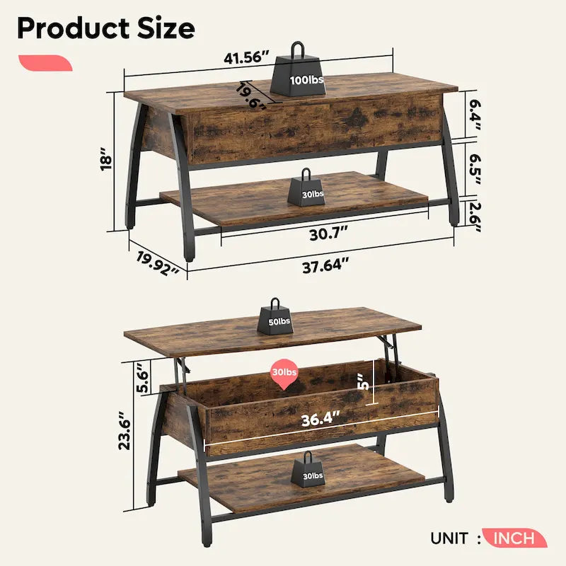 Lift Top Coffee Table Oval Wood Table with Hidden Storage Shelves - 41.5 inch