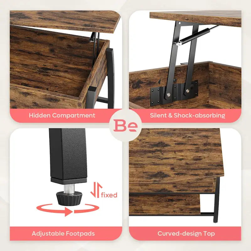 Lift Top Coffee Table Oval Wood Table with Hidden Storage Shelves - 41.5 inch