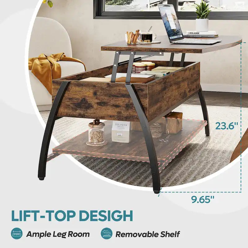 Lift Top Coffee Table Oval Wood Table with Hidden Storage Shelves - 41.5 inch
