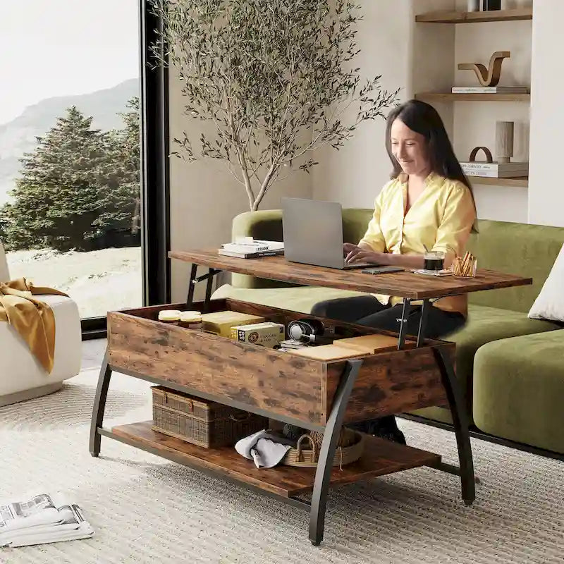 Lift Top Coffee Table Oval Wood Table with Hidden Storage Shelves - 41.5 inch