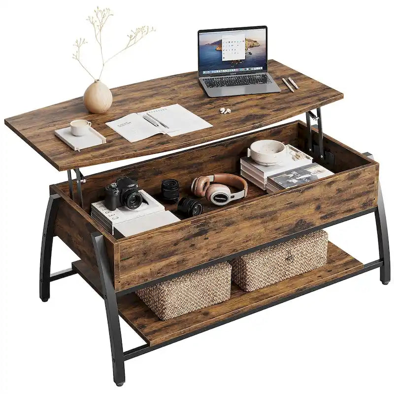 Lift Top Coffee Table Oval Wood Table with Hidden Storage Shelves - 41.5 inch