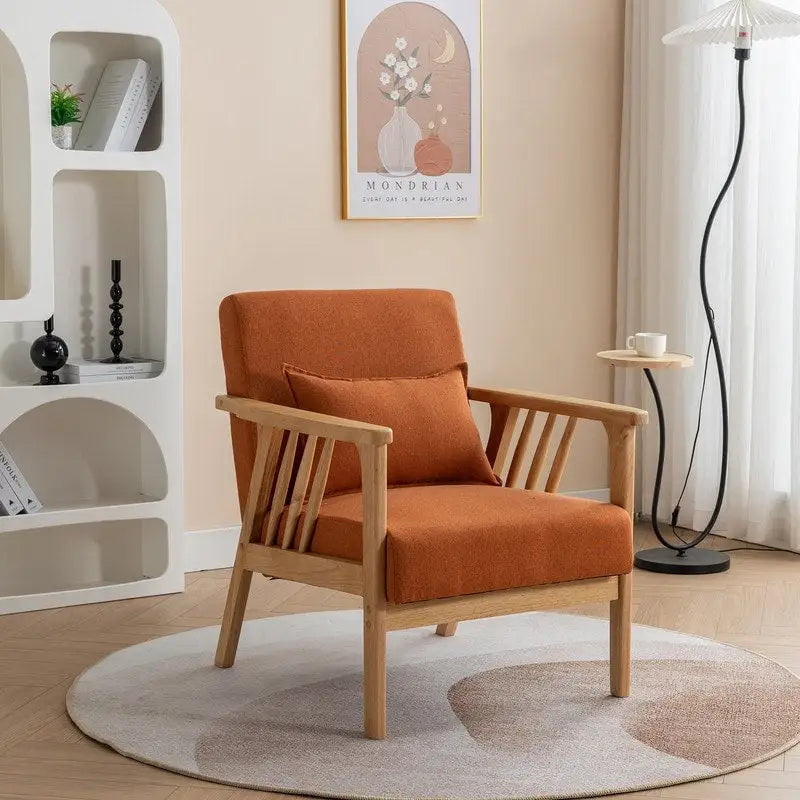 SEYNAR Mid Century Boucle Uplostered Soild Wood Accent Armchair with Pillow