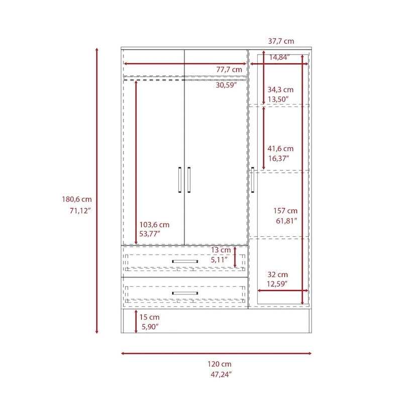 Bolton 160 Armoire with 9 Shelves, 2 Cabinets, Mirrors, 2 Drawers, and Rod - N/A