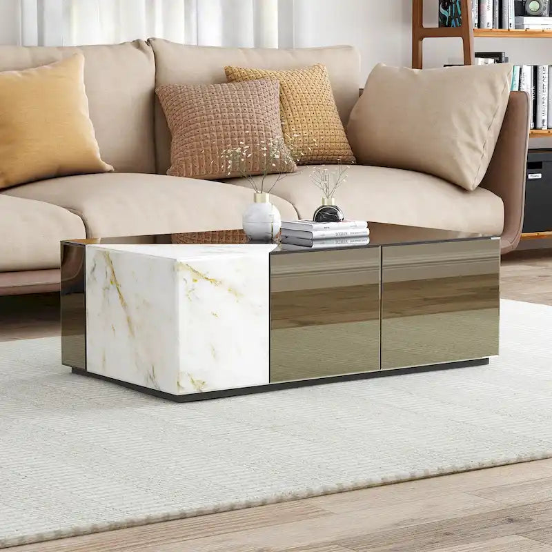 Mirrored Block Coffee Table With Unique Marble Patchwork Design