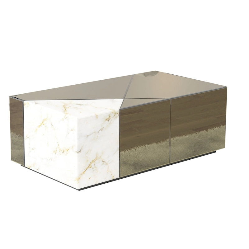 Mirrored Block Coffee Table With Unique Marble Patchwork Design