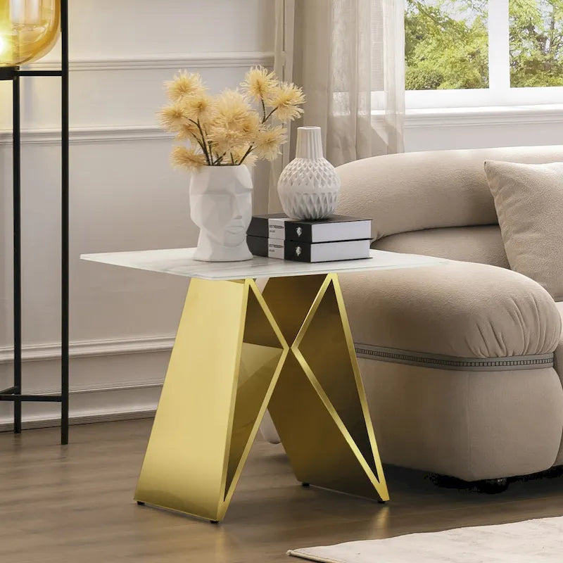 24 inch White Tempered Glass End Table with Mirrored M-Shaped Base