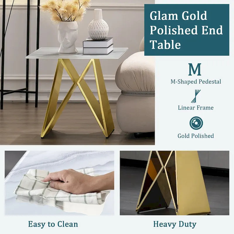 24 inch White Tempered Glass End Table with Mirrored M-Shaped Base