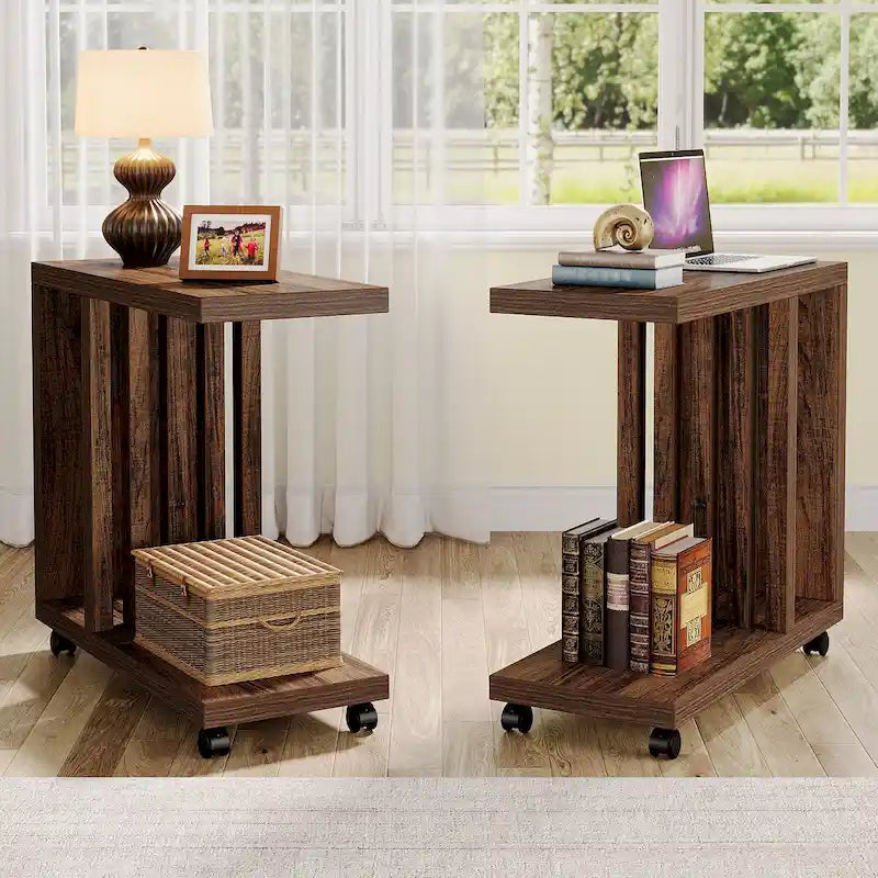 C-Shaped End Side Table for Living Room, Wooden Beside Couch Table