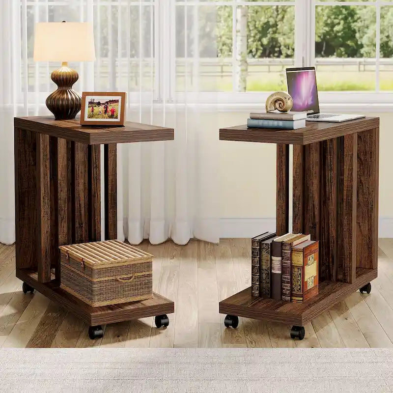 C-Shaped End Side Table for Living Room, Wooden Beside Couch Table