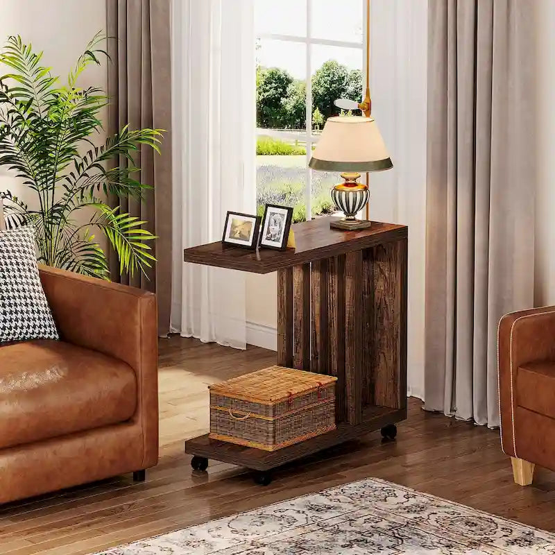 C-Shaped End Side Table for Living Room, Wooden Beside Couch Table