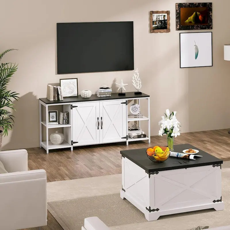 58 Inch Farmhouse TV Stand for up to 65 TV with Doors and Open Shelves