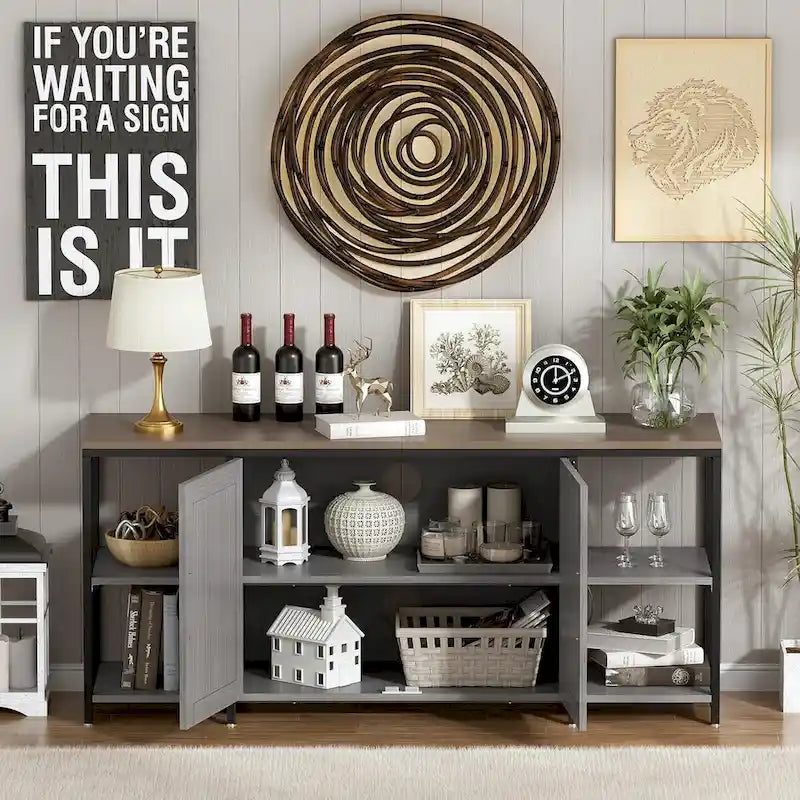 58 Inch Farmhouse TV Stand for up to 65 TV with Doors and Open Shelves