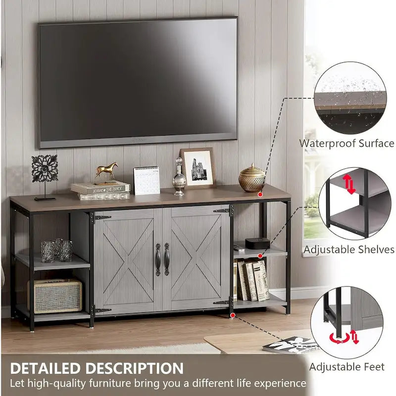 58 Inch Farmhouse TV Stand for up to 65 TV with Doors and Open Shelves