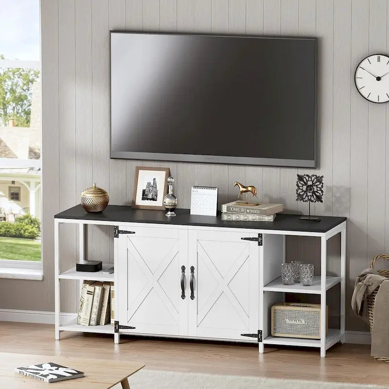 58 Inch Farmhouse TV Stand for up to 65 TV with Doors and Open Shelves