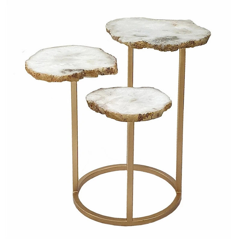 18 Inch Accent Side Table, 3 Tier Design, White Agate Top, Gold Iron Base